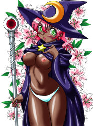 Rule 34 | 1990s (style), black mage (final fantasy), blush, breasts, dark skin, final fantasy, final fantasy v, green eyes, hat, hirooki (dr-e), large breasts, lenna charlotte tycoon, nipples, panties, pink hair, red hair, retro artstyle, source request, staff, underwear, witch hat