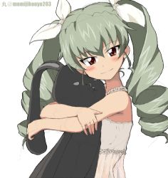 Rule 34 | 10s, 1girl, anchovy (girls und panzer), blouse, blush, breasts, drill hair, female focus, from side, girls und panzer, hair ornament, hair ribbon, half-closed eyes, holding, holding stuffed toy, hug, kayabakoro, lace, lace-trimmed shirt, lace trim, looking at viewer, one-hour drawing challenge, oversized object, ribbon, shirt, simple background, smile, solo, standing, stuffed animal, stuffed rabbit, stuffed toy, twintails, white background, white shirt