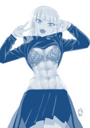 Rule 34 | 1girl, abs, blue theme, blunt bangs, bra, breasts, cleavage, clothes lift, commentary request, cowboy shot, double v, dumbbell nan kilo moteru?, ge xi, gina boyd, greyscale, highres, lifted by self, long sleeves, looking at viewer, medium breasts, monochrome, muscular, muscular female, navel, open mouth, shirt lift, short hair, simple background, skirt, solo, standing, teeth, underwear, v, white background