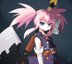 Rule 34 | 00s, 1girl, axe, battle axe, blue eyes, gradient background, knife, long hair, mochizuki yomogi, pink hair, presea combatir, solo, tales of (series), tales of symphonia, twintails, weapon