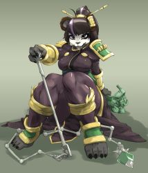 Rule 34 | 1girl, animal ears, animal hands, aya blackpaw, baneroku, black hair, breasts, china dress, chinese clothes, claws, dress, feet, furry, furry female, hair ornament, hand up, hearthstone, highres, knees together feet apart, large breasts, multicolored hair, no humans, open mouth, panda, panda ears, pandaren, ponytail, purple eyes, purple hair, short hair, sitting, smile, solo, streaked hair, two-tone hair, warcraft, weapon, world of warcraft