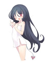 Rule 34 | 1girl, absurdres, armadillon, black hair, bottle, copyright request, cropped legs, demon tail, hair between eyes, hand on own chest, highres, holding, holding bottle, long hair, looking at viewer, naked towel, one eye closed, open mouth, pinky out, simple background, smile, solo, standing, tail, towel, very long hair, white background, white towel
