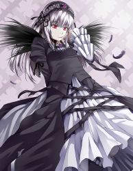 Rule 34 | 1girl, bad id, bad pixiv id, bobu shingari, bow, dress, feathers, finger to mouth, flower, gothic lolita, hairband, headband, highres, lolita fashion, long hair, looking down, purple background, purple flower, purple rose, red eyes, rose, rozen maiden, silver hair, suigintou, wings