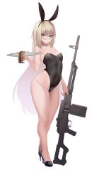 Rule 34 | 1girl, absurdres, ammunition, ammunition belt, animal ears, armpit crease, bare arms, bare legs, bare shoulders, belt-fed, black footwear, black hairband, black leotard, blonde hair, bullet, closed mouth, commission, covered navel, fake animal ears, flat chest, frown, full body, general-purpose machine gun, girls&#039; frontline, glasses, groin, gun, hairband, high heels, highleg, highleg leotard, highres, holding, holding tray, leotard, light machine gun, long hair, looking at viewer, machine gun, military cartridge, nine (kanine41), playboy bunny, rabbit ears, red eyes, rifle cartridge, round eyewear, second-party source, simple background, solo, standing, strapless, strapless leotard, thighs, tray, type 80 (girls&#039; frontline), type 80 machine gun, v-shaped eyebrows, very long hair, weapon, white background