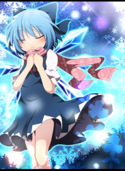 Rule 34 | 1girl, blue dress, blue hair, blush, bow, cirno, do (4-rt), dress, embellished costume, closed eyes, hair bow, hands on own chest, highres, ice, ice wings, letterboxed, puffy sleeves, scarf, shirt, short sleeves, smile, solo, touhou, wings