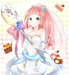 Rule 34 | blue eyes, bow, cake, dress, felicia (fire emblem), fire emblem, fire emblem fates, fire emblem heroes, food, food on face, hair bow, looking at viewer, nintendo, pink hair, rojiura-cat, smile, spoon, wedding dress
