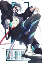 Rule 34 | 1boy, absurdres, arm behind head, barcode, bishounen, black jacket, black pantyhose, black shorts, blue eyes, blue hair, boots, colored tongue, crop top, cropped jacket, floyd leech, foot out of frame, groin, half-closed eyes, hand up, highres, jacket, katana, knee up, long sleeves, looking at viewer, male focus, midriff, multicolored hair, open mouth, pantyhose, purple tongue, sharp teeth, sheath, sheathed, shirt, short hair, shorts, solo, streaked hair, sword, teeth, tentacle print, tongue, tongue out, tuboya111, turtleneck, twisted wonderland, weapon, white background, white footwear, white shirt, yellow eyes