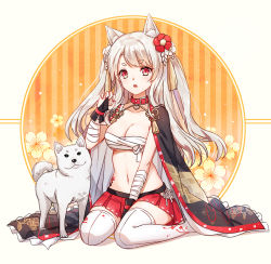 Rule 34 | 1girl, :3, animal, azur lane, bandaged arm, bandages, between legs, black cape, breasts, bridal gauntlets, budget sarashi, cape, cleavage, collar, collarbone, dog, floral background, floral print, flower, hair flower, hair ornament, hand between legs, iven (hongwenwen), knees together feet apart, long hair, looking at viewer, medium breasts, miniskirt, nail polish, navel, print cape, red eyes, red flower, red nails, red skirt, sarashi, silver hair, sitting, skirt, slit pupils, solo, spiked collar, spikes, stomach, straight hair, striped, tassel, tattoo, thighhighs, two side up, vertical stripes, wariza, white thighhighs, yuudachi (azur lane), yuudachi (shogun of snowballs) (azur lane), zettai ryouiki
