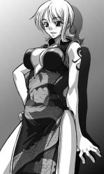 Rule 34 | 1girl, breasts, china dress, chinese clothes, cleavage, dress, greyscale, kagami hirotaka, large breasts, monochrome, nami (one piece), one piece, side slit, solo, tattoo