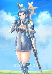 Rule 34 | 1girl, 2022, blue hair, breasts, dated, english text, fire emblem, fire emblem fates, genm7, grass, highres, looking at viewer, medium breasts, naginata, nintendo, polearm, reina (fire emblem), scar, sky, solo, tagme, weapon, wide hips
