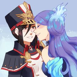 Rule 34 | 2girls, armor, brighid (xenoblade), collarbone, couple, dress, closed eyes, fire, frogbians, gloves, hat, highres, long hair, military, military hat, military uniform, morag ladair (xenoblade), multiple girls, nintendo, pauldrons, reverse trap, shoulder armor, simple background, smile, uniform, white gloves, xenoblade chronicles (series), xenoblade chronicles 2, xenoblade chronicles (series), xenoblade chronicles 2, yuri