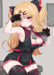 Rule 34 | 1girl, absurdres, akatsuki uni, alternate breast size, armpits, blonde hair, blush, breasts, cleavage, commentary request, curvy, fingerless gloves, gloves, hair ornament, hairclip, heavy breathing, highres, large breasts, long hair, looking at viewer, one eye closed, plump, red eyes, sleeveless, solo, sweat, uni create, utsusumi kio, virtual youtuber