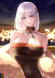 Rule 34 | arm belt, azur lane, bare shoulders, black dress, blue eyes, blurry, blurry background, breasts, character name, closed mouth, dated, dress, earrings, feather boa, grey hair, hair between eyes, hair ornament, highres, jewelry, large breasts, lights, medium hair, necomilk, night, night sky, signature, sky, sleeveless, sleeveless dress, tirpitz (azur lane), upper body