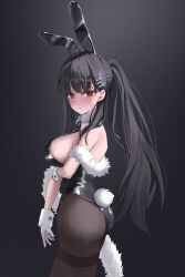 Rule 34 | 1girl, absurdres, animal ears, ass, black hair, black leotard, black pantyhose, blue archive, blush, breasts, closed mouth, cowboy shot, detached collar, fake animal ears, from side, gloves, hair ornament, hairclip, highres, large breasts, leotard, long hair, looking at viewer, moko (jw7436), pantyhose, rabbit ears, red eyes, rio (blue archive), sideboob, solo, strapless, strapless leotard, white fur, white gloves, wrist cuffs