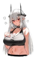 Rule 34 | 1girl, arknights, bare shoulders, black collar, black sports bra, blush, breasts, cleavage, collar, demon girl, demon horns, ear piercing, hair between eyes, heavy breathing, highres, horn/wood, horns, huge breasts, long hair, material growth, mudrock (arknights), mudrock (elite ii) (arknights), navel, open mouth, oripathy lesion (arknights), piercing, pointy ears, red eyes, simple background, solo, sports bra, stomach, sweat, upper body, white background, white hair