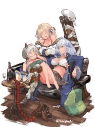 Rule 34 | 3girls, bare shoulders, barefoot, blonde hair, boots, unworn boots, breasts, brown eyes, camieux, closed eyes, cucouroux (granblue fantasy), draph, granblue fantasy, highres, horns, large breasts, long hair, looking at another, midriff, multiple girls, n9+, short twintails, siblings, silva (granblue fantasy), sisters, sitting, sleeping, smile, twintails, white background, white hair