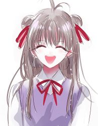 Rule 34 | 1girl, :d, ^ ^, ahma, antenna hair, blush, closed eyes, collared shirt, copyright request, double bun, hair bun, hair ribbon, highres, long sleeves, neck ribbon, open mouth, purple vest, red ribbon, ribbon, shirt, silver hair, simple background, smile, solo, upper body, vest, white background, wing collar