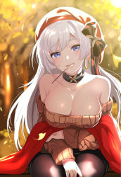 Rule 34 | 1girl, absurdres, aran sweater, azur lane, belfast (azur lane), belfast (shopping with the head maid) (azur lane), beret, blush, breasts, brown sweater, cable knit, choker, cleavage, collarbone, earrings, food, gou d, hat, highres, hoop earrings, incoming pocky kiss, jewelry, large breasts, long hair, looking at viewer, mouth hold, off-shoulder sweater, off shoulder, pocky, pocky kiss, shared food, silver hair, skirt, smile, solo, sweater