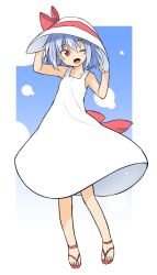 Rule 34 | 1girl, ;d, alternate costume, bad id, bad twitter id, blue hair, dress, hands on headwear, hat, hat tug, kazawa (tonzura-d), no wings, one eye closed, open mouth, red eyes, remilia scarlet, sandals, short hair, smile, solo, sun hat, sundress, touhou