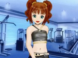 Rule 34 | 00s, 1girl, 3d, animated, animated gif, aqua eyes, blinking, brown hair, green eyes, gym, happy, hybrid animation, idolmaster, idolmaster (classic), indoors, looking at viewer, lowres, midriff, navel, open mouth, riding machine, sexually suggestive, short hair, smile, solo, takatsuki yayoi, twintails