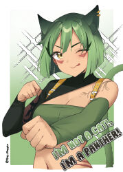 Rule 34 | 1girl, ;), ;p, absurdres, bandeau, bob cut, commentary request, cropped torso, detached sleeves, gradient background, green background, green hair, highres, long sleeves, looking at viewer, midriff, navel, one eye closed, original, panther ears, panther tail, pinepin, short hair, shrug (clothing), smile, solo, stomach, strapless, tongue, tongue out, tube top, upper body, yellow eyes