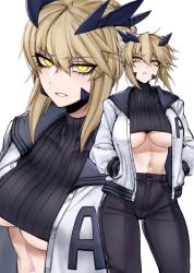 Rule 34 | 1girl, alternate costume, artoria pendragon (fate), artoria pendragon (lancer alter) (fate), black sweater, blonde hair, blush, braid, breasts, cleavage, fate/grand order, fate (series), hands in pockets, j.k., large breasts, looking at viewer, multiple views, navel, parted lips, ribbed sweater, short hair, sweater, thighhighs, underboob, yellow eyes