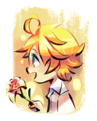 Rule 34 | 1girl, ahoge, blonde hair, collared shirt, commentary, emma (yakusoku no neverland), english commentary, flipped hair, flower, flower request, from side, green eyes, highres, holding, holding flower, no pupils, open mouth, profile, shirt, short hair, simple background, solo, upper body, white background, white shirt, yakusoku no neverland, yi-wen leow