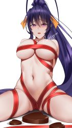 Rule 34 | 1girl, antenna hair, black hair, blush, breasts, candy, chocolate, chocolate heart, cleavage, commission, female focus, gluteal fold, hair ribbon, heart, high school dxd, highres, himejima akeno, large breasts, long hair, looking at viewer, naked ribbon, navel, open mouth, ponytail, purple eyes, red ribbon, ribbon, signature, solo, underboob, valentine, very long hair, yellow ribbon