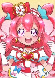 Rule 34 | 1girl, bow, brooch, choker, cone hair bun, cure precious, delicious party precure, earrings, fighiro, gloves, hair bow, hair bun, heart, heart brooch, highres, huge bow, jewelry, kome-kome (precure), magical girl, nagomi yui, open mouth, pink choker, pink hair, precure, purple eyes, red bow, smile, upper body, white gloves