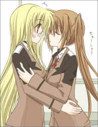 Rule 34 | blonde hair, blush, brown hair, commentary request, fate testarossa, from side, green scrunchie, hachikei, hair ornament, hair scrunchie, imminent kiss, long hair, long sleeves, looking at another, lowres, lyrical nanoha, mahou shoujo lyrical nanoha strikers, parted lips, red eyes, scrunchie, side ponytail, sweat, takamachi nanoha, uniform, upper body, very long hair, yuri