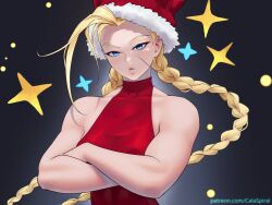Rule 34 | 1girl, bare shoulders, blonde hair, blue eyes, braid, calad g, cammy white, christmas, hat, lips, long hair, muscular, muscular female, santa hat, scar, scar on face, serious, sleeveless, street fighter