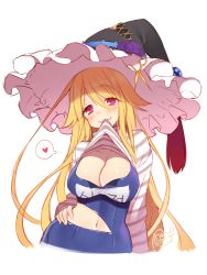 Rule 34 | 1girl, blonde hair, blush, breasts, byulzzi, cleavage, hat, heart, large breasts, long hair, mouth hold, one-piece swimsuit, purple eyes, signature, simple background, smile, solo, spoken heart, striped, swimsuit, torn clothes, torn swimsuit, white background, witch hat