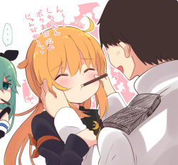 Rule 34 | ..., 1boy, 2girls, admiral (kancolle), ahoge, armband, black sailor collar, blonde hair, blue jacket, brown hair, commentary request, crescent, crescent pin, empty eyes, closed eyes, food, food in mouth, green eyes, green hair, hair between eyes, jacket, jealous, kantai collection, long hair, long sleeves, military, military uniform, multiple girls, open mouth, pocky, pocky day, remodel (kantai collection), sailor collar, satsuki (kancolle), school uniform, serafuku, shaded face, short hair, simple background, spoken ellipsis, suzuki toto, translated, twintails, uniform, white uniform, yamakaze (kancolle)