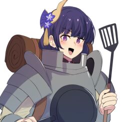 Rule 34 | 1girl, :d, armor, breastplate, commentary, cosplay, dungeon meshi, frying pan, genshin impact, hair ornament, highres, hinghoi, holding, holding frying pan, holding spatula, laios touden, laios touden (cosplay), looking at viewer, open mouth, purple eyes, purple hair, raiden shogun, shoulder armor, simple background, smile, solo, spatula, upper body