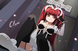 Rule 34 | 1girl, bad id, bad pixiv id, black thighhighs, breasts, bustier, female focus, fingerless gloves, from below, garter straps, gloves, gothic lolita, lingerie, lolita fashion, original, panties, pantyshot, red eyes, red hair, sitting, smile, solo, striped clothes, striped panties, thighhighs, twintails, underwear, upskirt, yoshihara maito