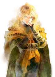 Rule 34 | 1boy, androgynous, blonde hair, blue eyes, bracelet, cape, head rest, dhaos, dhaos (tales), gloves, hatomame, jewelry, long hair, male focus, smile, solo, tales of (series), tales of phantasia, white background
