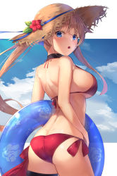 Rule 34 | 1girl, ahoge, alternate costume, ass, back, bare arms, bare shoulders, bikini, black choker, blue eyes, blue innertube, blue sky, blush, breasts, brown hair, butt crack, cherry, choker, cloud, cowboy shot, day, fal (girls&#039; frontline), floral print, flower, food, food in mouth, from behind, fruit, girls&#039; frontline, halterneck, hat, hat flower, hat ribbon, highres, holding, holding swim ring, innertube, large breasts, light brown hair, long hair, looking at viewer, looking back, motokonut, mouth hold, outdoors, outside border, parted lips, print innertube, red bikini, red flower, ribbon, rose print, shoulder blades, side-tie bikini bottom, side ponytail, sidelocks, sky, solo, straw hat, string bikini, swim ring, swimsuit, thigh strap, thighs, transparent, twintails, very long hair