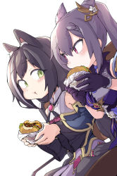 Rule 34 | 2girls, animal ear fluff, animal ears, bare shoulders, black hair, black pantyhose, braid, burger, cat ears, detached sleeves, double bun, dress, eating, food, frilled dress, frilled sleeves, frills, genshin impact, gloves, green eyes, hair bun, hair ornament, hairclip, highres, holding, holding food, karyl (princess connect!), keqing (genshin impact), looking at another, low twintails, multiple girls, nagam, pantyhose, princess connect!, purple eyes, purple hair, simple background, single hair bun, sitting, sleeveless, sleeveless dress, twintails, white background, wide sleeves
