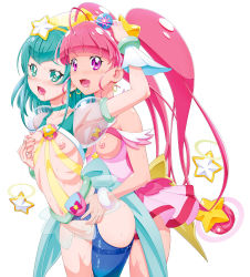 Rule 34 | 2girls, ahoge, armpits, blue eyes, blue hair, blue thighhighs, blunt bangs, grabbing another&#039;s breast, breasts, commentary request, cure milky, cure star, earrings, frilled skirt, frills, gold earrings, grabbing, hagoromo lala, hoshina hikaru, jewelry, kohsaka jun, long hair, looking at viewer, magical girl, medium breasts, multiple girls, nipples, open mouth, pink eyes, pink hair, pink skirt, precure, saliva, short hair, simple background, single thighhigh, skirt, small breasts, standing, star-shaped pupils, star (symbol), star earrings, star twinkle precure, sweat, symbol-shaped pupils, thighhighs, twintails, white background, yuri