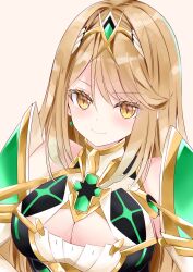Rule 34 | 1girl, bare shoulders, blush, breasts, brown background, brown eyes, brown hair, cleavage, closed mouth, dress, earrings, hair between eyes, headpiece, highres, jewelry, large breasts, long hair, looking at viewer, mythra (xenoblade), nanase nao, simple background, smile, solo, upper body, white dress, xenoblade chronicles (series), xenoblade chronicles 2