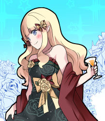 Rule 34 | 1girl, blonde hair, blue eyes, blush, bow, breasts, elf, hair bow, hair ornament, highres, jin kansai, large breasts, long hair, looking at viewer, pointy ears, princess connect!, red shawl, saren (christmas) (princess connect!), saren (princess connect!), shawl, smile, solo