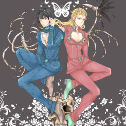 Rule 34 | 2boys, a xi, aged up, bad id, bad pixiv id, black hair, blonde hair, broken, bruno bucciarati, bug, butterfly, cleavage cutout, clothing cutout, feathers, flower, giorno giovanna, green eyes, hair ornament, hairclip, hand on another&#039;s shoulder, highres, insect, jojo no kimyou na bouken, long hair, male focus, multiple boys, pectoral cleavage, pectorals, rose, simple background, skeleton, skull, vento aureo