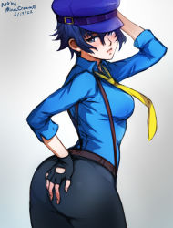 Rule 34 | 1girl, arm behind head, ass, blue eyes, blue hair, blue hat, blush, breasts, cabbie hat, fingerless gloves, gloves, hand on ass, hat, looking at the side, looking at viewer, medium breasts, mina cream, official alternate costume, pants, persona, persona 4, persona 4: dancing all night, persona dancing, reverse trap, shiny clothes, shirogane naoto, short hair, sideboob, solo