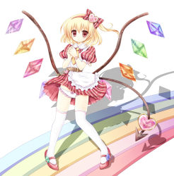 Rule 34 | 1girl, absurdres, alternate costume, apron, bad id, bad pixiv id, belt, blonde hair, blush, demon tail, dress, embodiment of scarlet devil, female focus, flandre scarlet, hair ornament, hair ribbon, heart, highres, kouta., open mouth, panties, rainbow, red dress, red eyes, red footwear, red skirt, ribbon, shoes, side ponytail, skirt, solo, tail, thighhighs, touhou, underwear, white panties, white thighhighs, wings, wristband