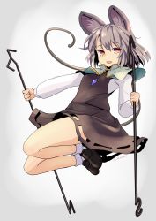 Rule 34 | 1girl, animal ears, artist name, capelet, dowsing rod, dress, grey hair, highres, ishikkoro, jumping, long sleeves, looking at viewer, mouse ears, mouse tail, nazrin, open mouth, red eyes, smile, solo, tail, touhou, twitter username
