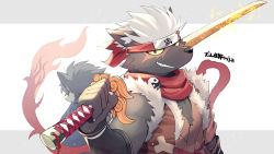 Rule 34 | 2boys, animal ears, animal nose, body fur, border, chest tuft, colored sclera, dog boy, dog ears, forehead protector, fur-trimmed jacket, fur trim, furry, furry male, grey border, grey fur, grey hair, grin, highres, holding, holding sword, holding weapon, jacket, japanese clothes, kimono, kinoshita jiroh, multiple boys, muscular, muscular male, ninja, pectoral cleavage, pectorals, ponytail, red eyes, red scarf, scar, scar on face, scarf, sharp teeth, shino (housamo), short hair, sleeveless, sleeveless jacket, smile, snout, sword, tadatomo (housamo), teeth, tokyo houkago summoners, translation request, weapon, white background, white hair, yellow sclera, yin yang