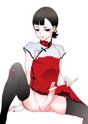 Rule 34 | 1boy, androgynous, black eyes, black hair, black thighhighs, blush, china dress, chinese clothes, crossdressing, dress, erection, extra, fetishist, garter straps, hair ornament, highres, joker game, male focus, nail polish, penis, sitting, smile, solo, spread legs, testicles, thighhighs, trap