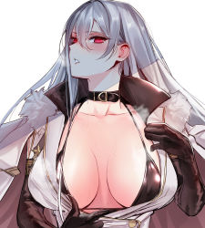 Rule 34 | 1girl, azur lane, bikini, bikini top only, black bikini, blush, breasts, cape, choker, cleavage, coat, coat dress, collarbone, commentary request, elbow gloves, fur-trimmed cape, fur-trimmed coat, fur collar, fur trim, gloves, hair between eyes, halterneck, hat, head tilt, high collar, highres, hyury, jacket, jacket on shoulders, large breasts, long hair, looking to the side, military, military hat, military uniform, mole, mole under eye, open clothes, open jacket, parted lips, red lips, silver hair, sovetskaya rossiya (azur lane), sweat, swimsuit, uniform, white coat