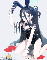 Rule 34 | &lt;key&gt; (robot) (blue archive), 1girl, absurdres, alternate costume, animal ears, aris (blue archive), black bow, black bowtie, black hair, black leotard, blue archive, blue eyes, blush, bow, bowtie, card, chise 01234, closed mouth, detached collar, fake animal ears, grey background, halo, highres, kneeling, leotard, long hair, midori (blue archive), momoi (blue archive), one side up, playboy bunny, playing card, rabbit ears, strapless, strapless leotard, very long hair, wrist cuffs, yuzu (blue archive)