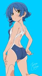 Rule 34 | 1girl, absurdres, adjusting clothes, adjusting swimsuit, aqua background, artist name, ass, back, blue background, blue hair, blue one-piece swimsuit, bocchi the rock!, competition swimsuit, earrings, from behind, highres, jewelry, kneeling, mole, mole under eye, one-piece swimsuit, short hair, signature, simple background, solo, swimsuit, tan, tanline, tanline peek, two-tone swimsuit, white one-piece swimsuit, yamada ryo, yellow eyes, zetsuyo chimayo